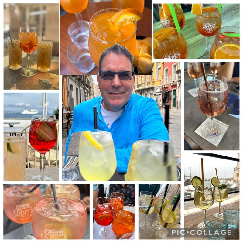 Collage of pictures featuring a variety of spritzes sampled around the Mediterranean by Dog and Dragon.