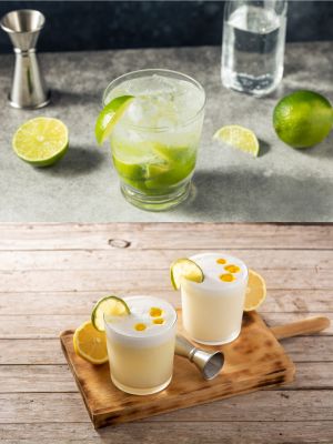 Images of cocktails guaro sour and pisco sour.