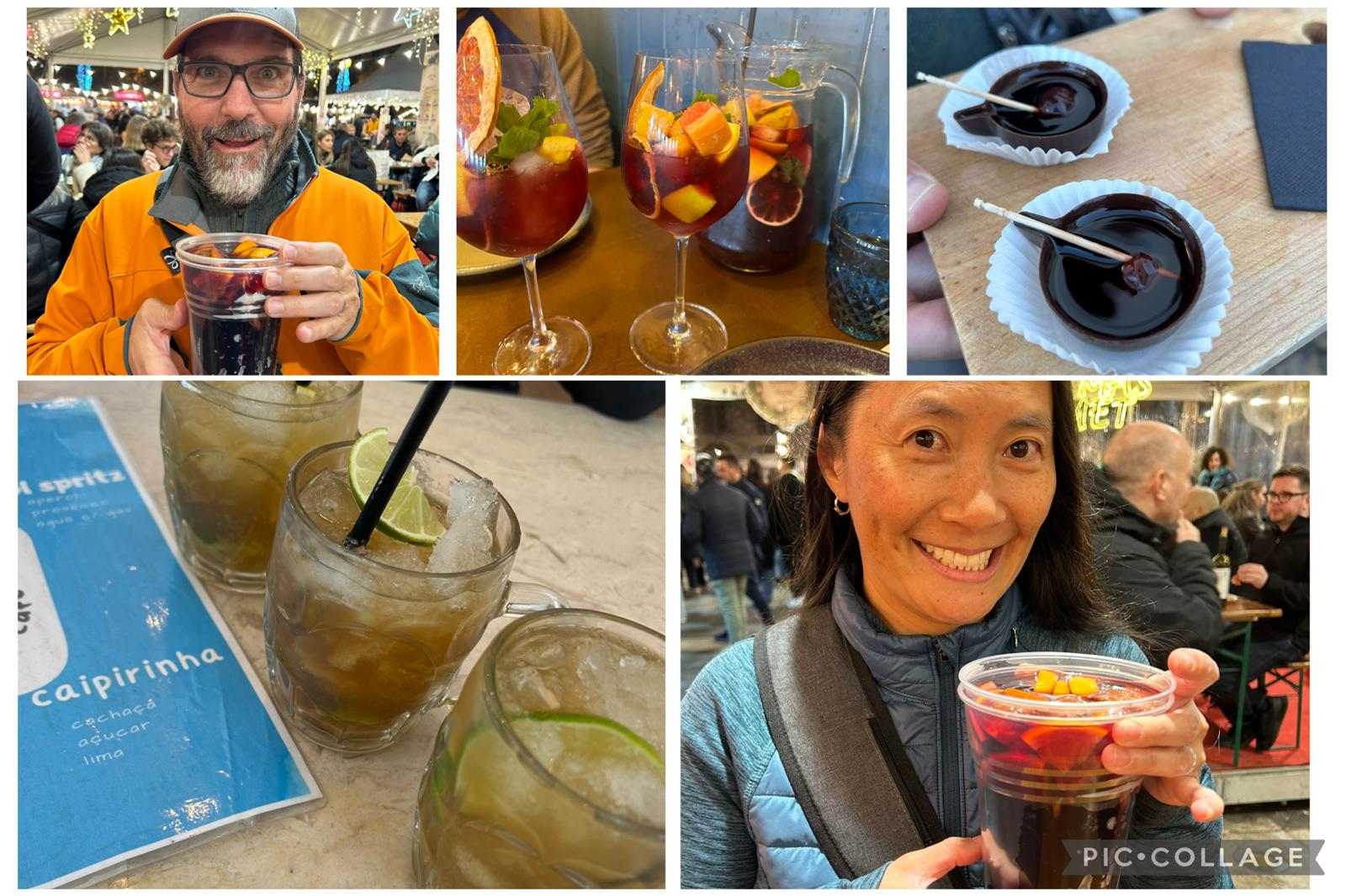 A collage of five pictures of tasty beverages that were taken in Portugal.  Images include Dog with glühwein, sangria, ginjinha, Dragon with glühwein, and caipirinha.