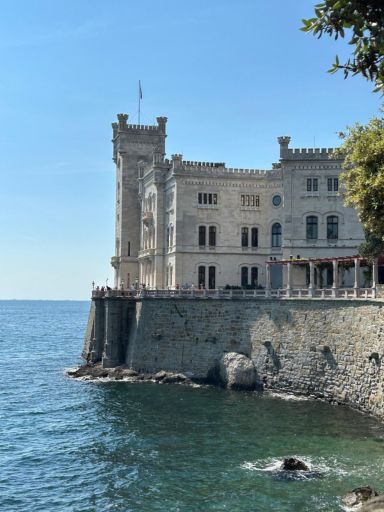 Vertical picture of Castle Miramare from the side.