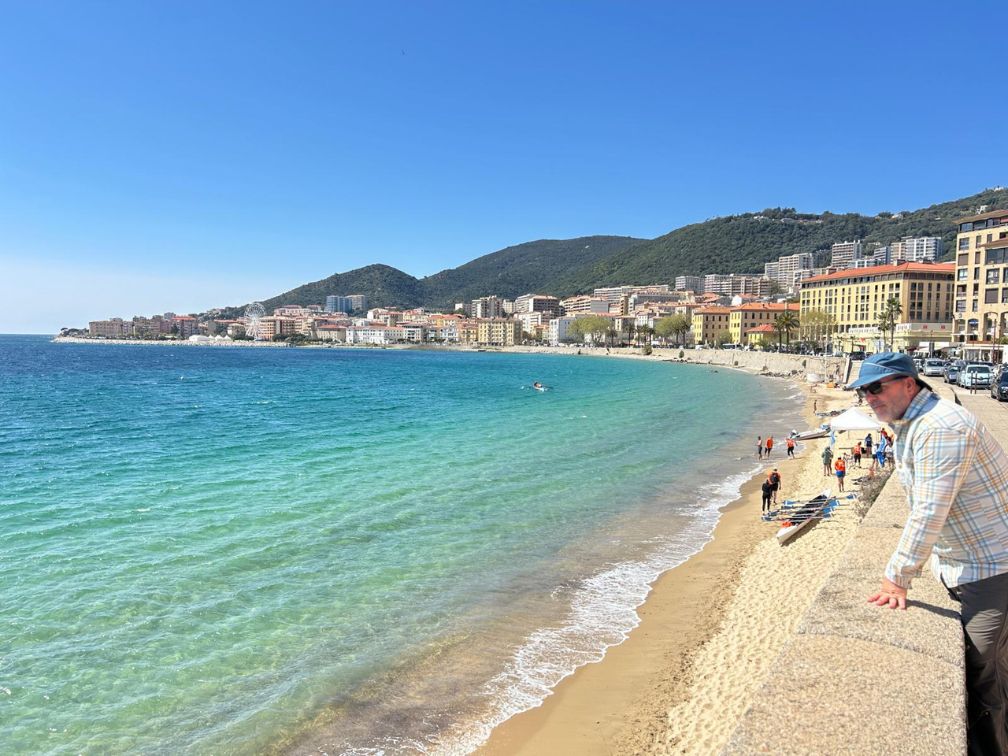 Landscape photo of Dog leaning over the seawall above the beach with Ajaccio in the background.
