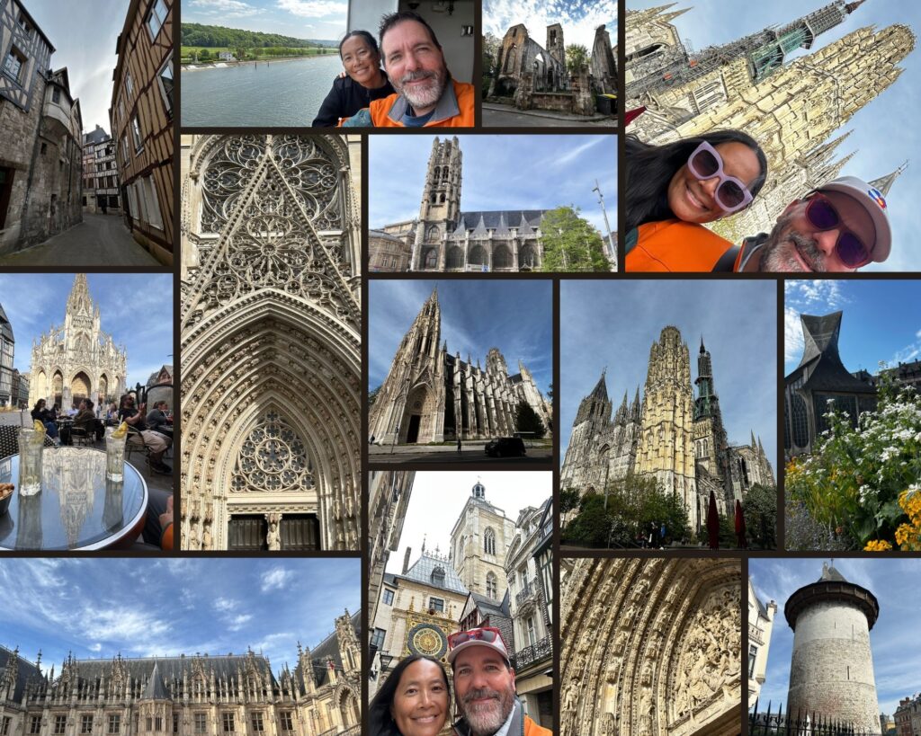 Collage of images from Dog and Dragon exploring Rouen and the river cruise up the Seine.
