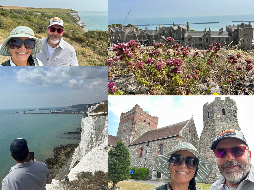 Four picture collage with images from White Cliffs of Dover, the Officer's New Barracks, St. Mary in Castro, and the Roman Lighthouse.