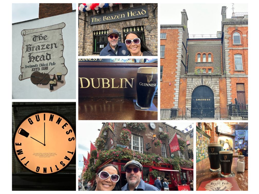 Collage of images from Dog and Dragon's visits to Dublin that include pictures of the Brazen Head, The Temple Bar, and the Guinness Storehouse.