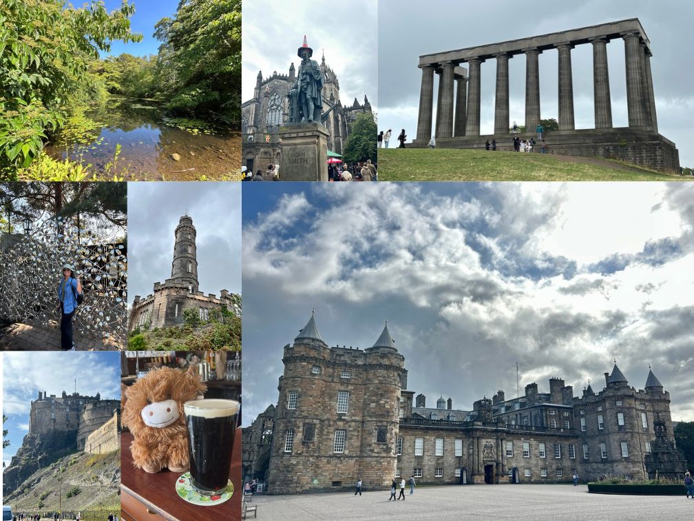 Collage of images from Edinburgh that includes: Royal Botanic Garden, Adam Smith Monument, National Monument, Nelson Monument, Edinburgh Castle, and the Palace of Holyroodhouse.